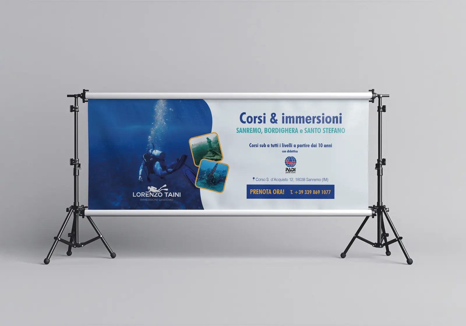 Striscione per centro immersioni – progetto Lorenzo Taini Sanremo
